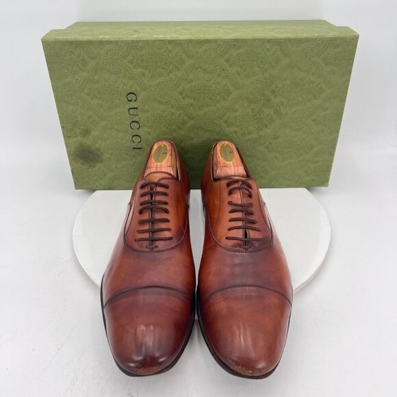 Gucci Men Size UK 9 US 10 Brown Leather Cap Toe Lace Up Oxford Dress Shoes - Picture 1 of 16
